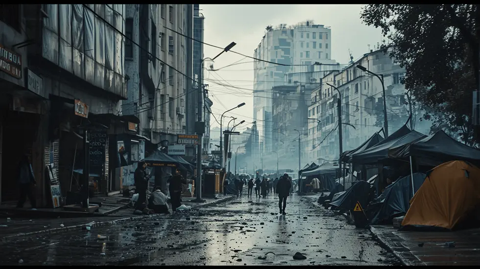 Dismal urban scene with tents on a deserted street and people amidst scattered debris