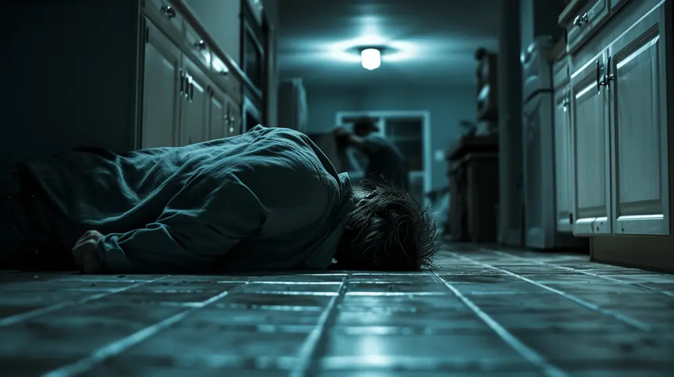 Person lying face down on a kitchen floor with another figure in the background, suggesting distress or harm