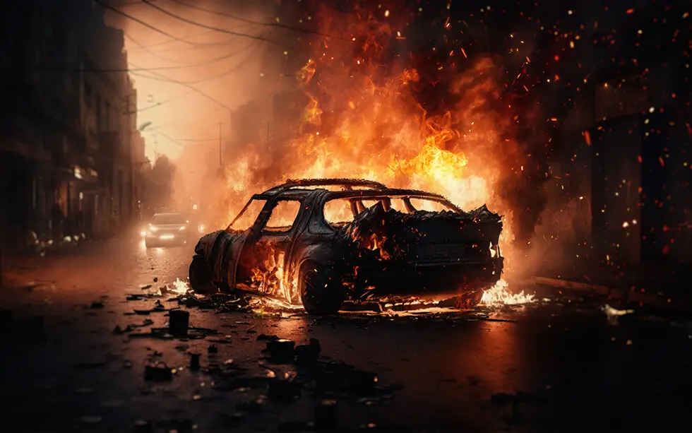 A lone, burnt-out car engulfed in flames at night on an abandoned street