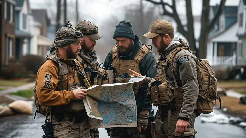 Four armed men in tactical gear consulting a map on a residential street