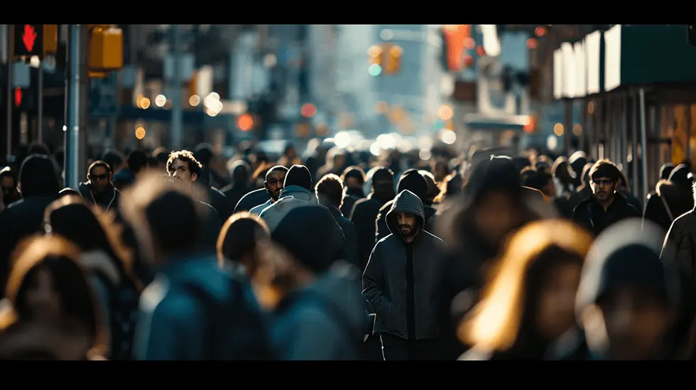 A busy city street crowded with people in a focused shallow depth of field