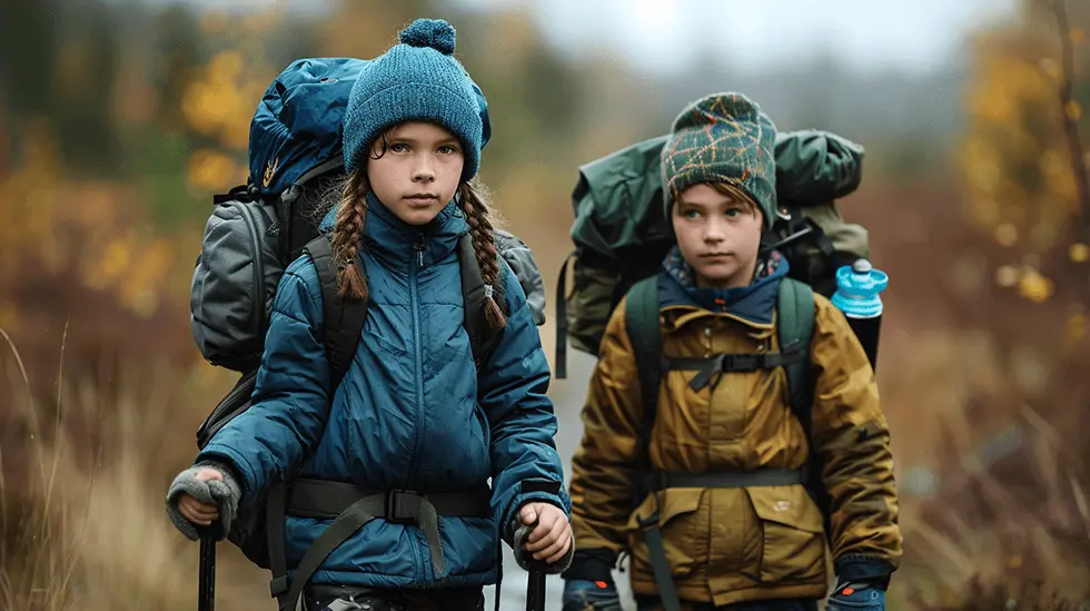 Two children with backpacks trekking through autumn wilderness
