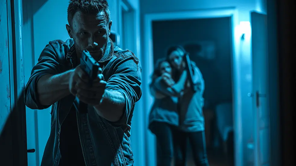 Man aiming a gun with tense expression, women cowering in background in dim lighting