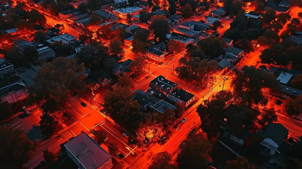 Aerial view of a town with streets illuminated in red light at dusk