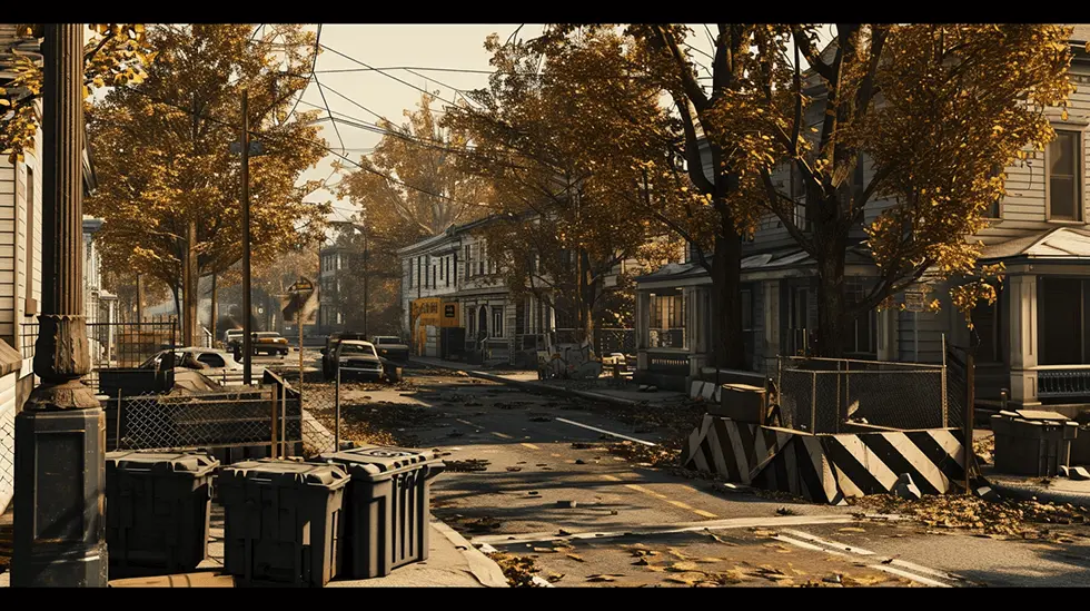 Deserted suburban street with barricades and autumn leaves on the ground