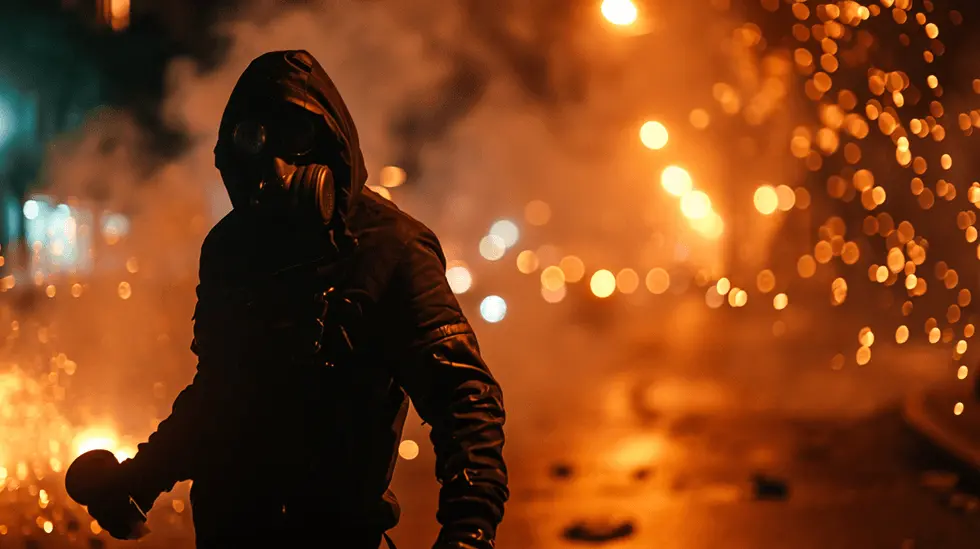 Silhouetted figure in gas mask amidst fiery backdrop and sparkling embers at night