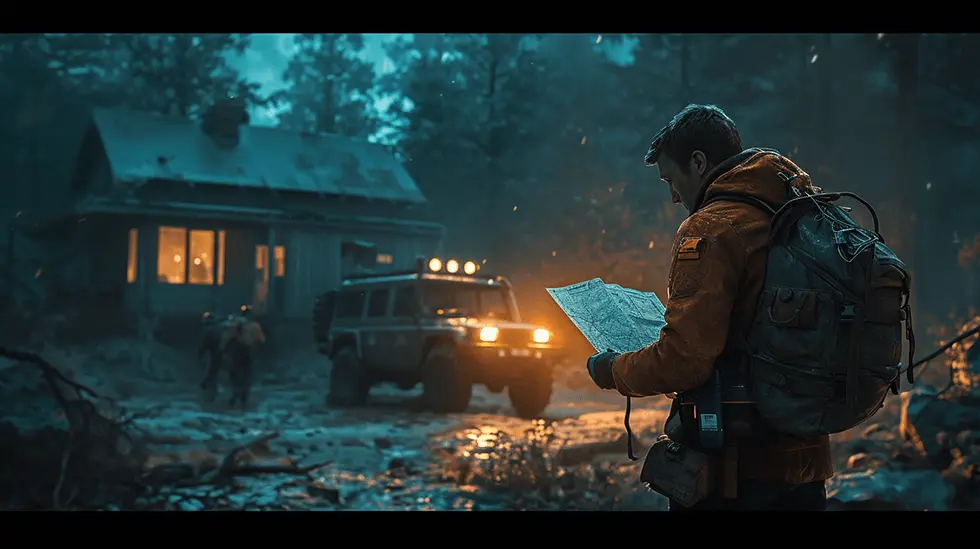 Man with backpack consulting map by a Humvee near a cabin in a dusky, wooded area