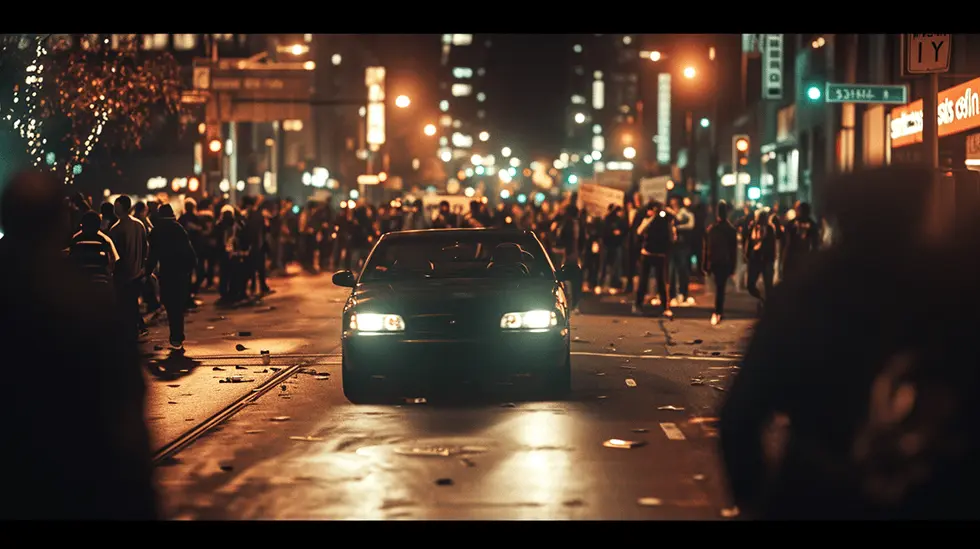 Car in focus with headlights on facing a blurry crowd of protestors at night in an urban setting