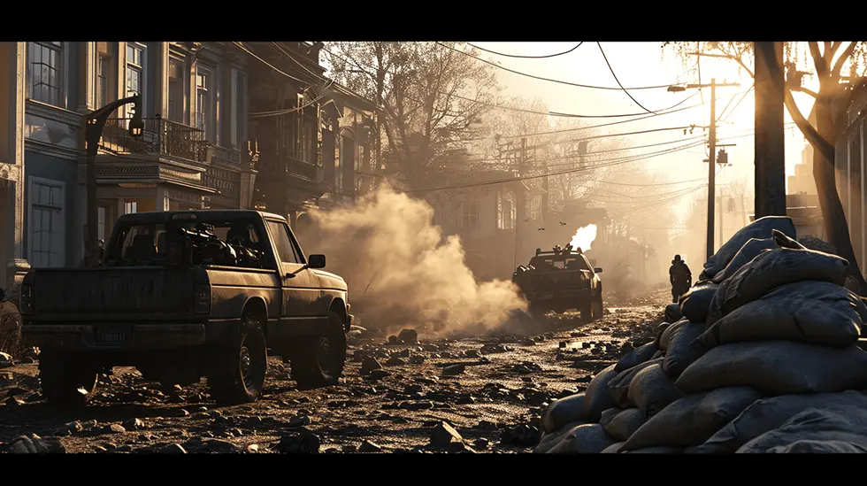 Armed soldiers driving through a suburban street with smoky air and a house in the background