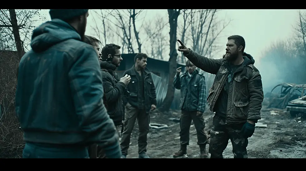 Group of armed men in casual clothing having a discussion in a desolate, car-littered landscape