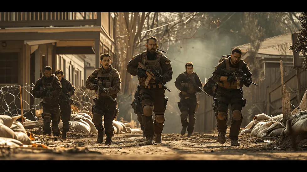Squad of soldiers in tactical gear advancing through a residential area with smoke in the air