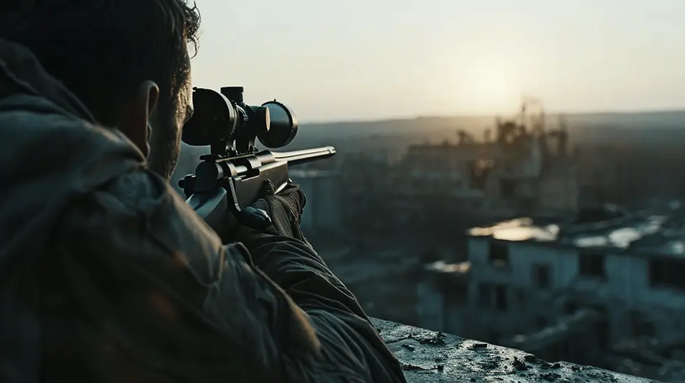 A lone sniper lying prone, aiming a rifle with a scope on a rooftop at dusk
