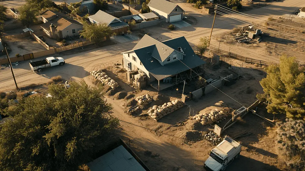 Aerial view of a secured house with sandbag barriers in a suburban neighborhood