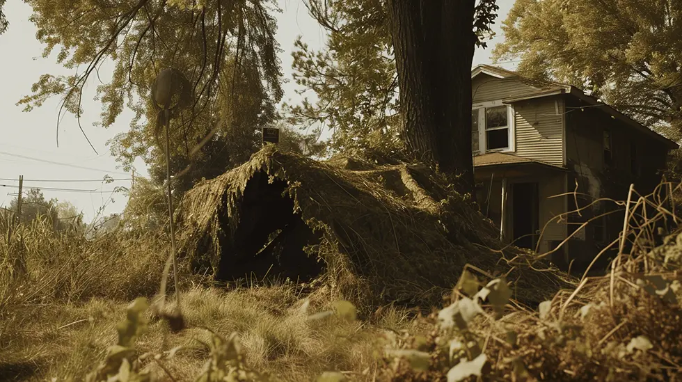 A house partially collapsed into a sinkhole surrounded by overgrown vegetation and a distressed landscape