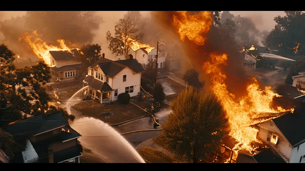 Aerial view of a neighborhood with houses on fire and emergency water hoses trying to extinguish the flames