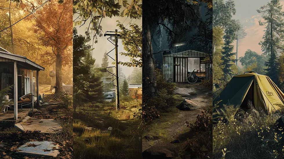 Collage of four different outdoor scenes depicting various aspects of nature and survival elements