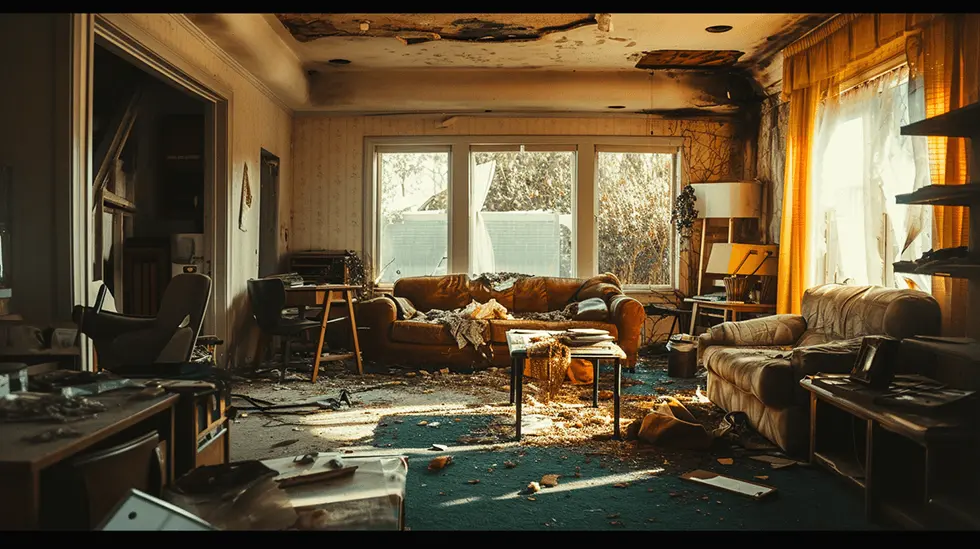 Neglected and damaged living room interior with debris, indicating abandonment or aftermath of a disaster