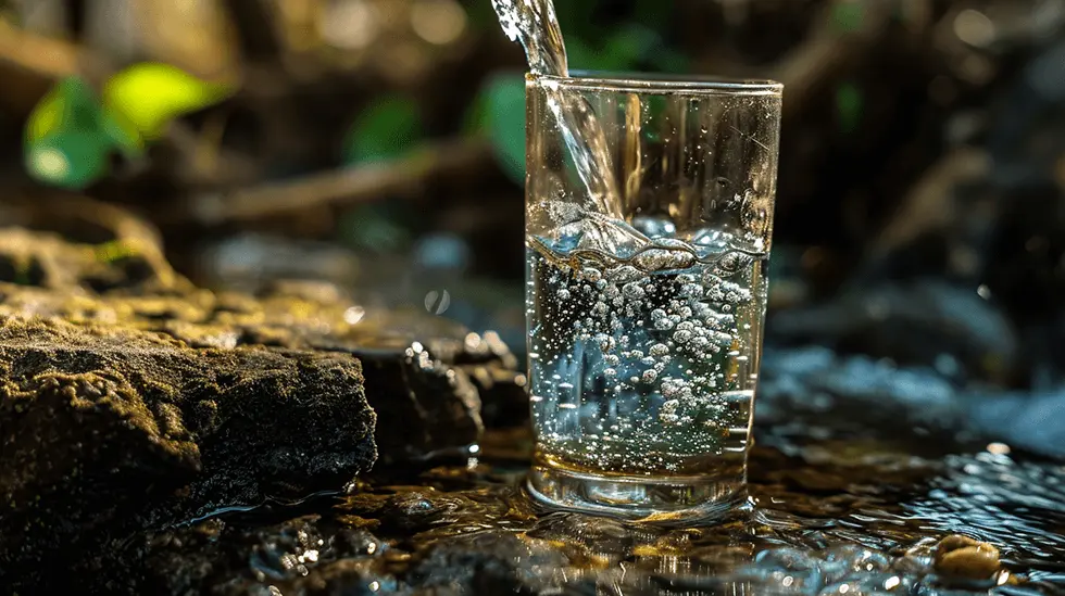 Clear water pouring into a glass standing on a rock in a natural stream, showcasing the purity of nature