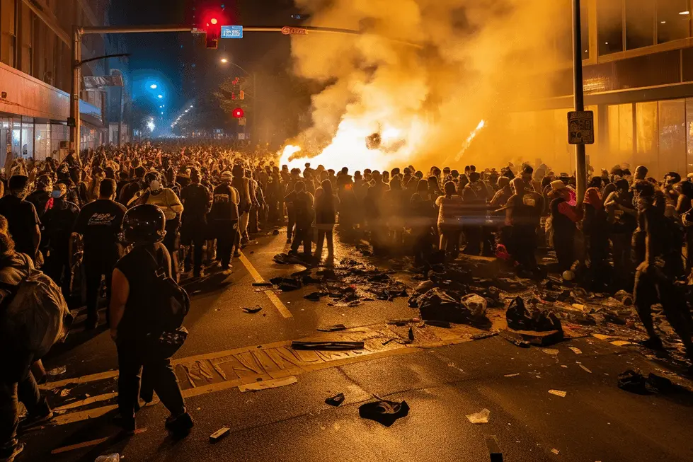 A large crowd on a street at night with a fire and smoke visible amidst the chaos